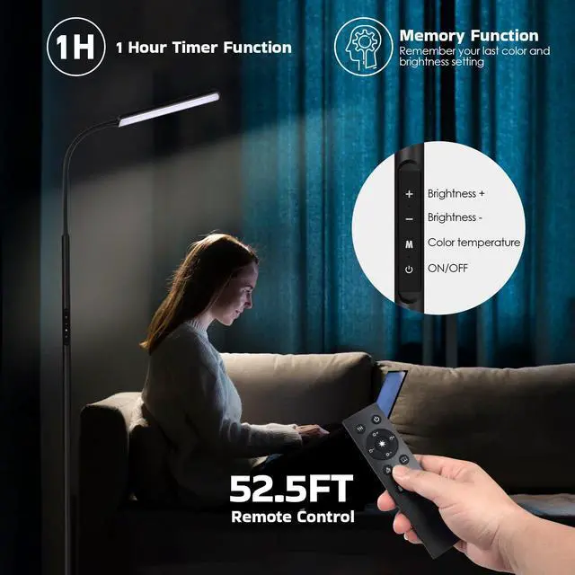 Alt view image 6 of 7 - LED Floor Lamp, Bright 15W Floor Lamps for Living Room with 1H Timer, Stepless Adjustable 3000K-6000K Colors & Brightness Standing Lamp with Remote & Touch Control Reading Floor Lamps