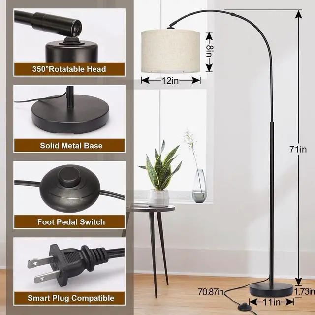 Alt view image 2 of 7 - Arc Floor Lamps for Living Room, Modern Standing Lamp with Adjustable Hanging Drum Shade, Tall Pole Lamp with Foot Switch, Over Couch Arched Reading Light for Bedroom, Office (Black)