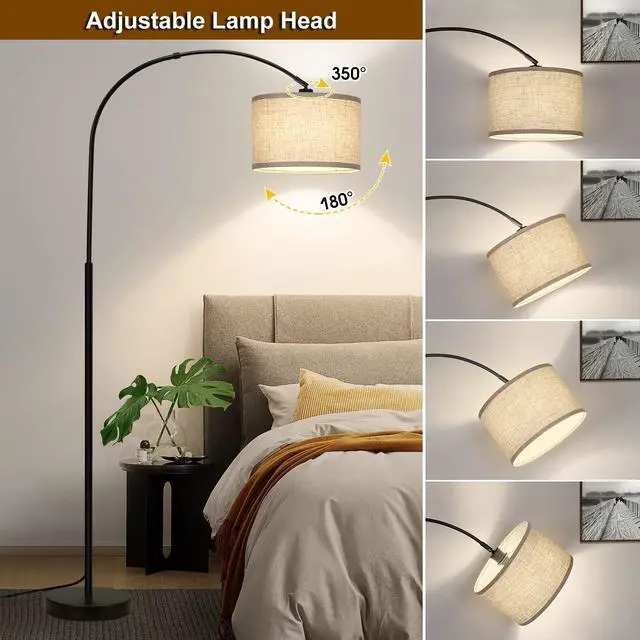 Alt view image 3 of 7 - Arc Floor Lamps for Living Room, Modern Standing Lamp with Adjustable Hanging Drum Shade, Tall Pole Lamp with Foot Switch, Over Couch Arched Reading Light for Bedroom, Office (Black)