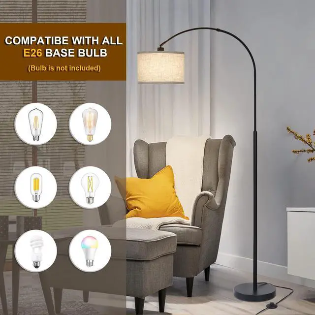 Alt view image 4 of 7 - Arc Floor Lamps for Living Room, Modern Standing Lamp with Adjustable Hanging Drum Shade, Tall Pole Lamp with Foot Switch, Over Couch Arched Reading Light for Bedroom, Office (Black)