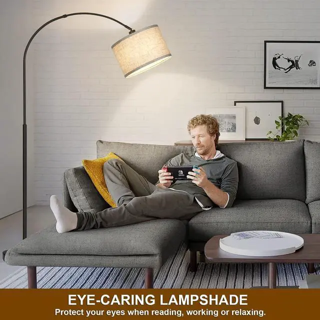 Alt view image 5 of 7 - Arc Floor Lamps for Living Room, Modern Standing Lamp with Adjustable Hanging Drum Shade, Tall Pole Lamp with Foot Switch, Over Couch Arched Reading Light for Bedroom, Office (Black)
