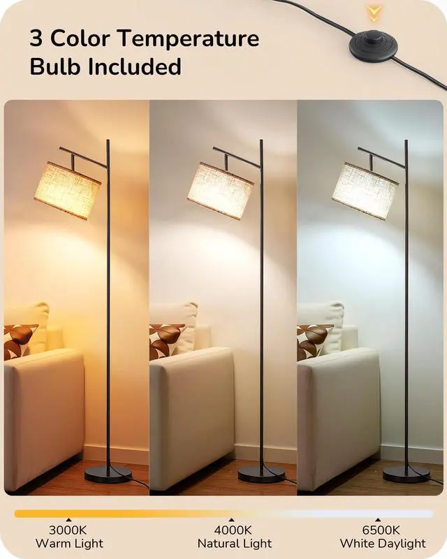Alt view image 2 of 7 - Modern Floor Lamps for Living Room, 64.7" Minimalist Standing Lamp with 3 Color Temperatures Bulb & Adjustable Linen Shade, Foot Pedal Switch, Arc Tall Lamp for Bedroom Office, Black