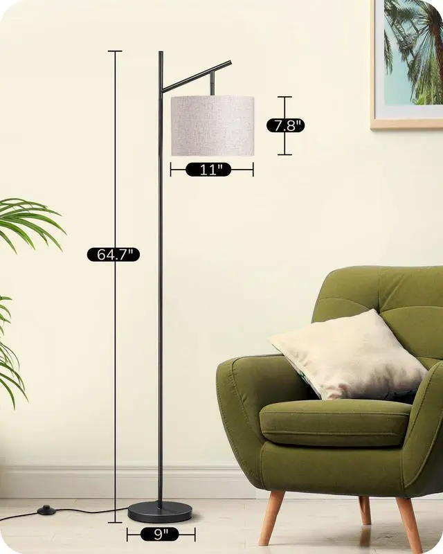 Alt view image 6 of 7 - Modern Floor Lamps for Living Room, 64.7" Minimalist Standing Lamp with 3 Color Temperatures Bulb & Adjustable Linen Shade, Foot Pedal Switch, Arc Tall Lamp for Bedroom Office, Black