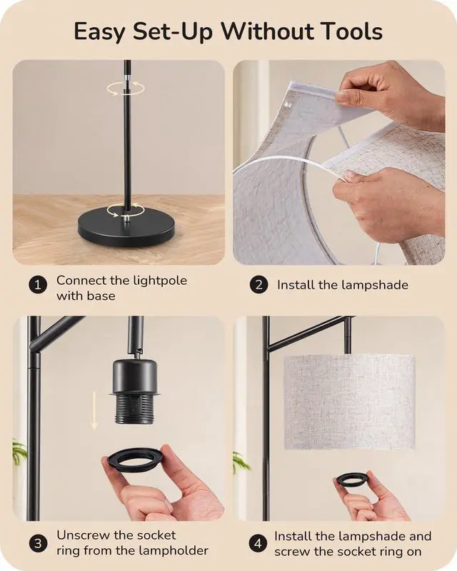 Alt view image 7 of 7 - Modern Floor Lamps for Living Room, 64.7" Minimalist Standing Lamp with 3 Color Temperatures Bulb & Adjustable Linen Shade, Foot Pedal Switch, Arc Tall Lamp for Bedroom Office, Black