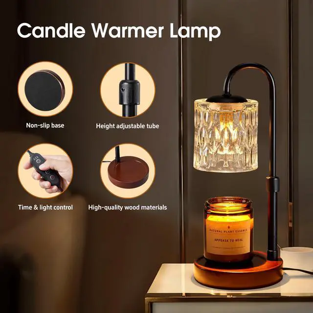 Alt view image 2 of 7 - Dimmable Candle Warmer Lamp with Timer, Height Adjustable Electric Candle Wax Warmer, Christmas Birthday Gifts for Women Mom, House Warming Gifts New Home Room Decor, Walnut Solid Wood Base