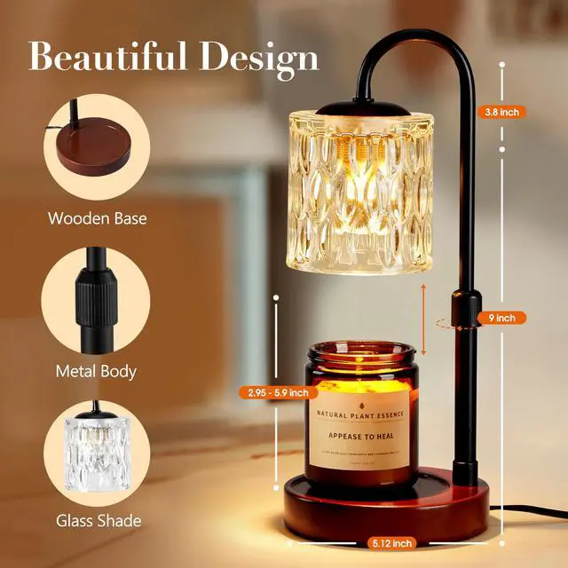 Alt view image 6 of 7 - Dimmable Candle Warmer Lamp with Timer, Height Adjustable Electric Candle Wax Warmer, Christmas Birthday Gifts for Women Mom, House Warming Gifts New Home Room Decor, Walnut Solid Wood Base