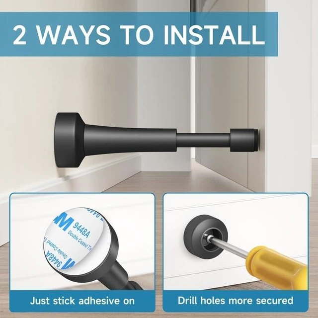 Alt view image 4 of 7 - 2PCS Black Door Stoppers for Wall, Spring Door Stop for Bottom of Door 4.33 Inch Aluminum Matte Black Doorstop With Silicone Tip, Screw & Adhesive Installation