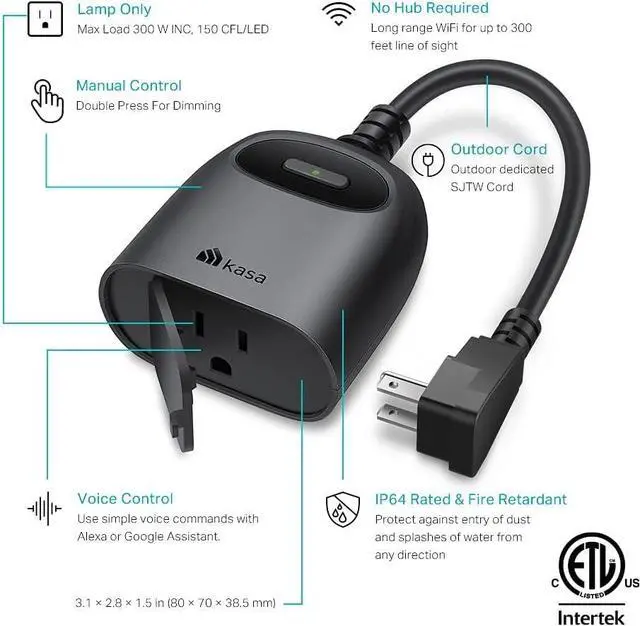 Alt view image 2 of 5 - Outdoor Smart Dimmer Plug, IP64 Plug- in Dimmer for Outdoor String Lights, Compatible with Alexa, Google Assistant & SmartThings, Long Wi-Fi Range 2.4Ghz, No Hub Required, ETL Certified(KP405)