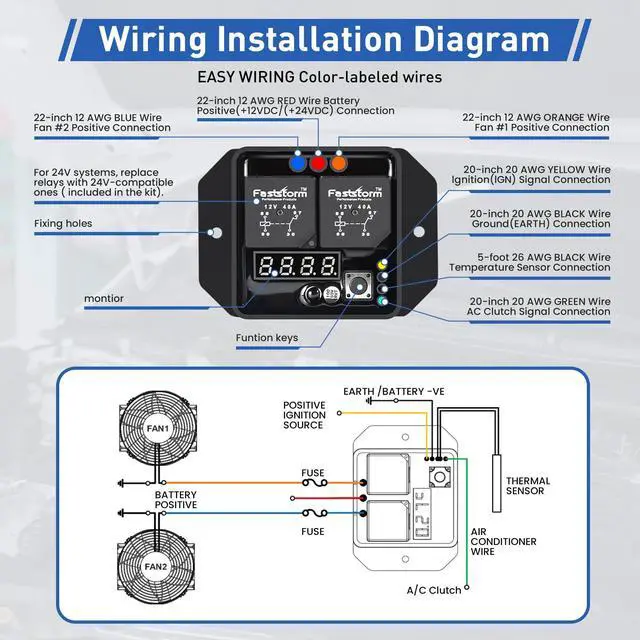 Alt view image 2 of 7 - Digital Radiator Fan Switch Kit 12V/24V, Adjustable 104°F-230°F w/Dual Electric Fan Switch Kit Replace #0444, Dual Fan Control, IP54