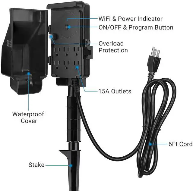 Alt view image 7 of 7 - WiFi Smart Yard Stake Plug with 6 Outlets, Voice Control, Waterproof Power Stake Timer with 6Ft Cord, Alexa&Google Assistant Compatible, 1875W/15A, for Outdoor Decoration Lights