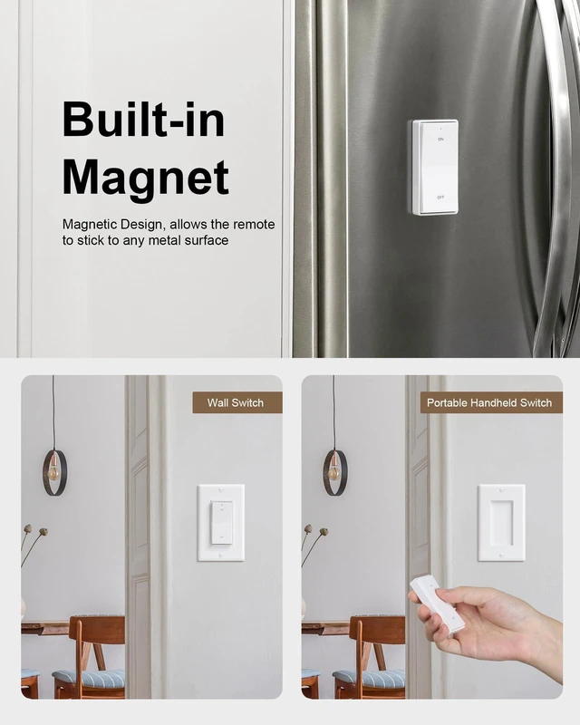 Alt view image 5 of 7 - Wireless Light Switch and Receiver Kit, Decorator Rocker Switch | 200FT Long Range RF Remote Control, 15A/1875W, for Ceiling Light, Fans, Lamps, Pre-Programmed, No Rewiring, No Interference