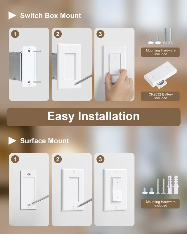 Alt view image 7 of 7 - Wireless Light Switch and Receiver Kit, Decorator Rocker Switch | 200FT Long Range RF Remote Control, 15A/1875W, for Ceiling Light, Fans, Lamps, Pre-Programmed, No Rewiring, No Interference