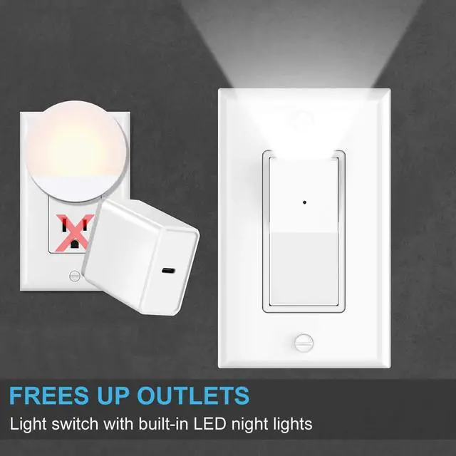 Alt view image 4 of 7 - 4Pack 3 Way Light Switch with LED Night Light 15Amp 120/277Volt,Three Way Wall Switch, Automatic On/Off Sensor, White