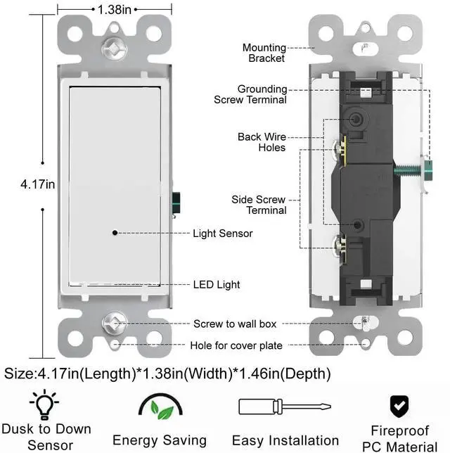 Alt view image 6 of 7 - 2 Pack Illuminated Light Switch,Paddle Rocker Wall Switch with LED Night Light, Automatic On/Off Sensor, Single Pole, 15Amp 120/277Volt, White