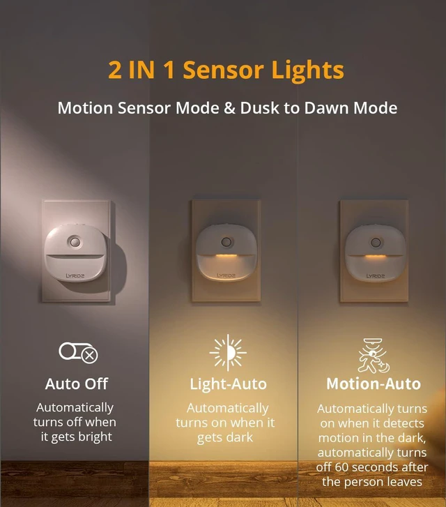 Alt view image 3 of 7 - Plug in Night Light with Motion Sensor and Dusk to Dawn Sensor, Dimmable Warm Nightlight with 1-50lm Adjustable Brightness Indoor for Bedroom, Bathroom, Stairs, Hallway, 4 Pack