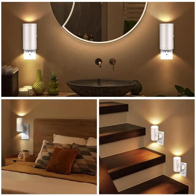 Alt view image 3 of 7 - LED Plug-in Wall Night Light with Dimmable 0-300 Lumens, 3000K Soft White, Auto On/Off Light Sensor & Adjustable Head for Hallway, Stairs, Bedroom,2 Pack