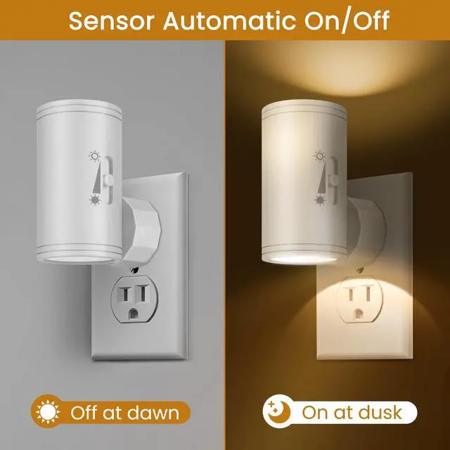 Alt view image 4 of 7 - LED Plug-in Wall Night Light with Dimmable 0-300 Lumens, 3000K Soft White, Auto On/Off Light Sensor & Adjustable Head for Hallway, Stairs, Bedroom,2 Pack
