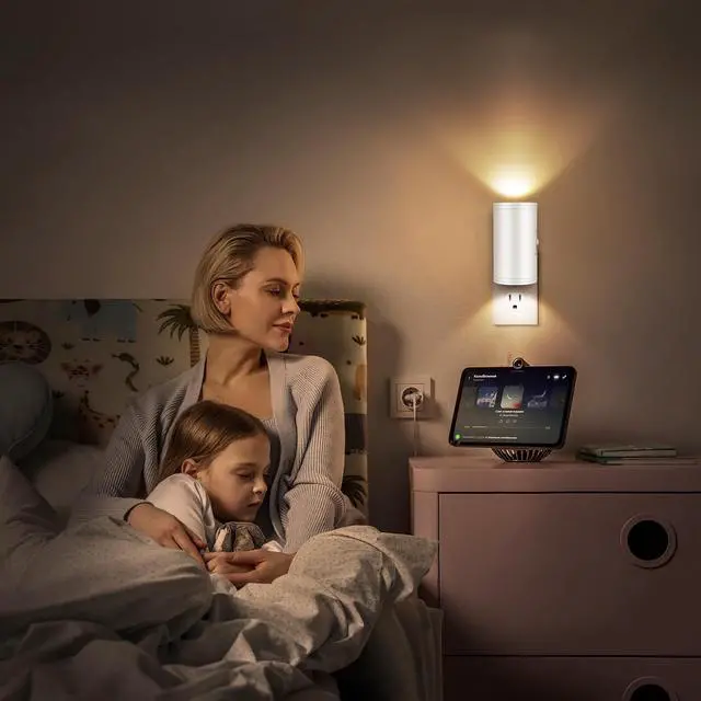 Alt view image 2 of 7 - LED Plug-in Wall Night Light with Dimmable 0-300 Lumens, 3000K Soft White, Auto On/Off Light Sensor & Adjustable Head for Hallway, Stairs, Bedroom,2 Pack