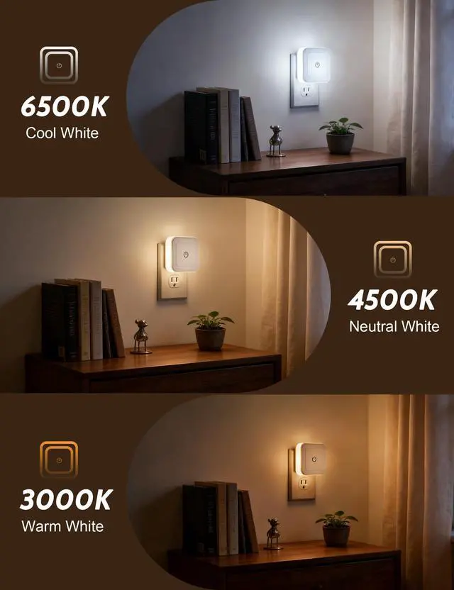 Alt view image 5 of 7 - Night Light, 4 Pack 1-50LM Stepless Dimming LED Night Light with 3CCT (3000K/4500K/6500K), Night Lights Plug into Wall for Adults, Bedroom, Bathroom, Hallway, Kitchen, Kids, No Light Sensor