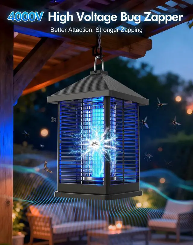 Alt view image 2 of 7 - Bug Zapper Indoor & Outdoor with Auto Smart Light Sensor, 4000V Electric Mosquito Zapper, Insect Fly Trapper, Covers 2100sqft, IPX4 Waterproof Mosquito Lamp for Patio, Garage, Backyard, Porch