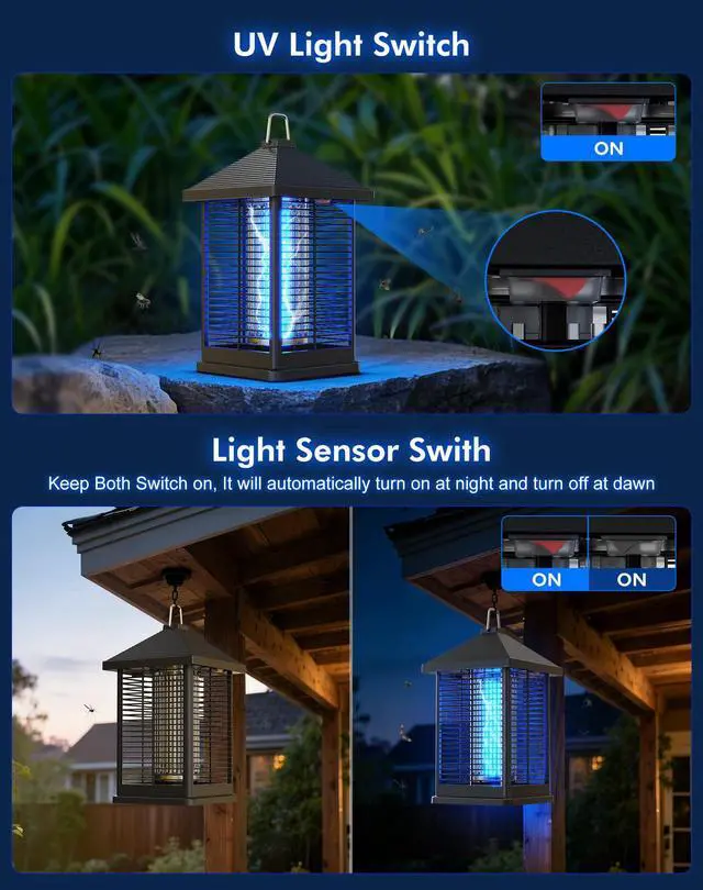 Alt view image 7 of 7 - Bug Zapper Indoor & Outdoor with Auto Smart Light Sensor, 4000V Electric Mosquito Zapper, Insect Fly Trapper, Covers 2100sqft, IPX4 Waterproof Mosquito Lamp for Patio, Garage, Backyard, Porch