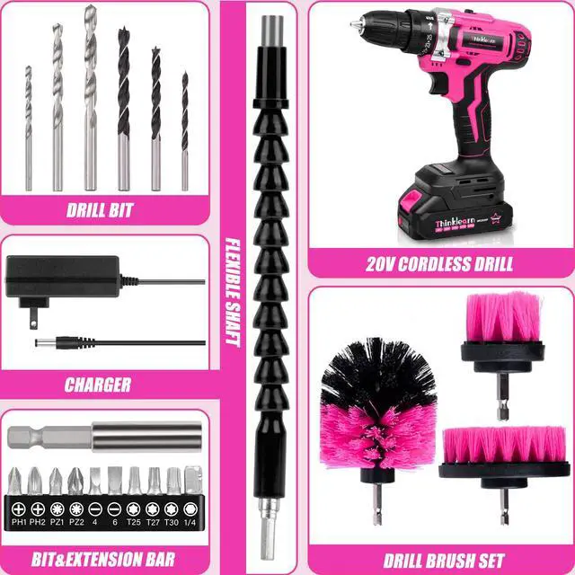 Alt view image 2 of 7 - 20V Pink Cordless Drill Set - Power Drill/Driver Kit with Drill Brush, Bit Set, 3/8" Keyless Chuck, 2 Variable Speed, 25+1 Torque Setting, Battery and Charger Included, Electric Drill for Home