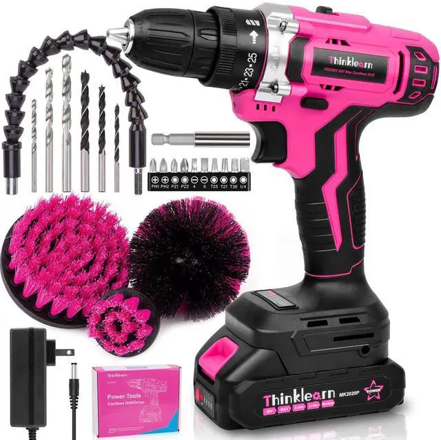 Main image of 20V Pink Cordless Drill Set - Power Drill/Driver Kit with Drill Brush, Bit Set, 3/8" Keyless Chuck, 2 Variable Speed, 25+1 Torque Setting, Battery and Charger Included, Electric Drill for Home