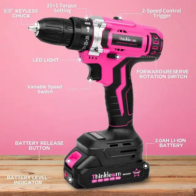 Alt view image 3 of 7 - 20V Pink Cordless Drill Set - Power Drill/Driver Kit with Drill Brush, Bit Set, 3/8" Keyless Chuck, 2 Variable Speed, 25+1 Torque Setting, Battery and Charger Included, Electric Drill for Home