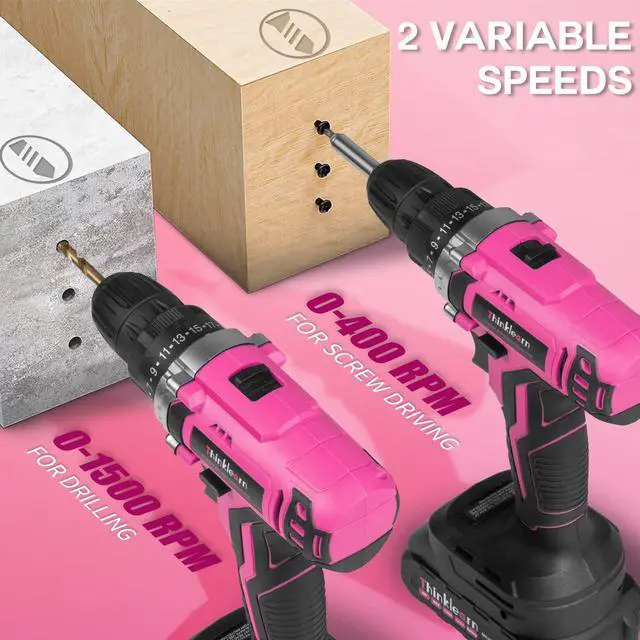 Alt view image 4 of 7 - 20V Pink Cordless Drill Set - Power Drill/Driver Kit with Drill Brush, Bit Set, 3/8" Keyless Chuck, 2 Variable Speed, 25+1 Torque Setting, Battery and Charger Included, Electric Drill for Home