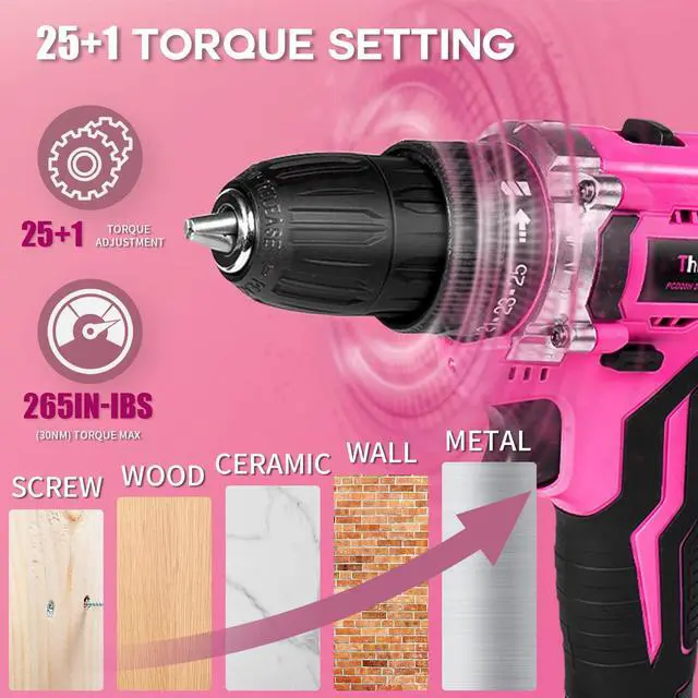 Alt view image 5 of 7 - 20V Pink Cordless Drill Set - Power Drill/Driver Kit with Drill Brush, Bit Set, 3/8" Keyless Chuck, 2 Variable Speed, 25+1 Torque Setting, Battery and Charger Included, Electric Drill for Home