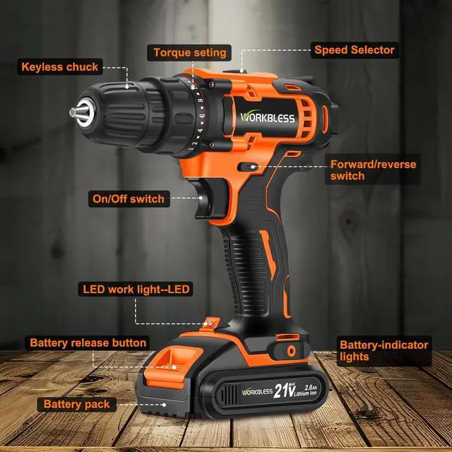 Alt view image 2 of 7 - 21V Power Drill Set, Cordless Drill with Battery and Charger, 3/8'' Keyless Chuck, Variable Speed, 18+1 Torque Setting and 28pcs Bits Tool Set(Orange, 1 Battery)