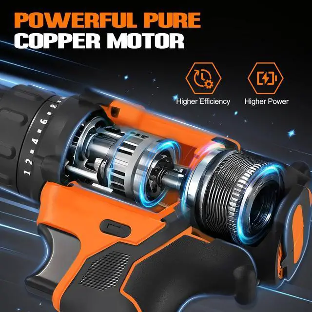 Alt view image 3 of 7 - 21V Power Drill Set, Cordless Drill with Battery and Charger, 3/8'' Keyless Chuck, Variable Speed, 18+1 Torque Setting and 28pcs Bits Tool Set(Orange, 1 Battery)