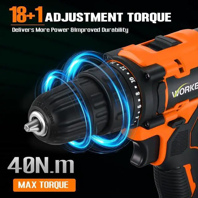 Alt view image 4 of 7 - 21V Power Drill Set, Cordless Drill with Battery and Charger, 3/8'' Keyless Chuck, Variable Speed, 18+1 Torque Setting and 28pcs Bits Tool Set(Orange, 1 Battery)