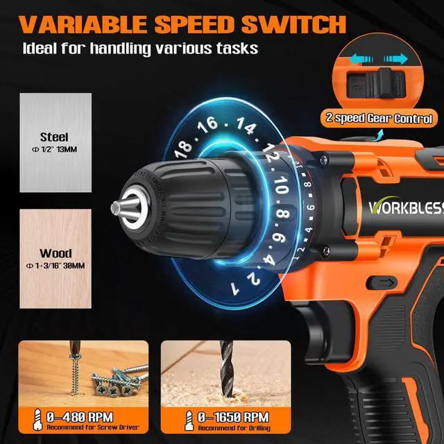 Alt view image 5 of 7 - 21V Power Drill Set, Cordless Drill with Battery and Charger, 3/8'' Keyless Chuck, Variable Speed, 18+1 Torque Setting and 28pcs Bits Tool Set(Orange, 1 Battery)