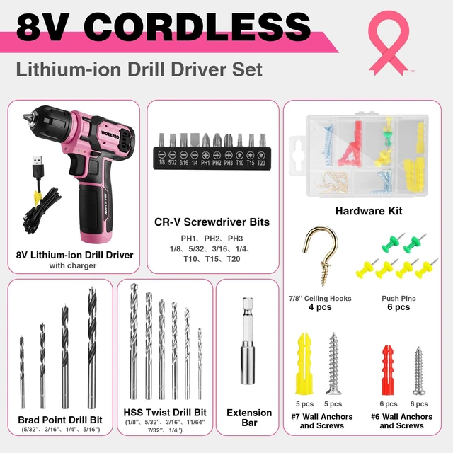 Alt view image 3 of 7 - 8V Pink Cordless Drill Set for Women with Drill Bit Set, 54PCS | Electric Power Drill, 3/8" Keyless Chuck, 2.0Ah Battery, Variable Speed, Portable for DIY
