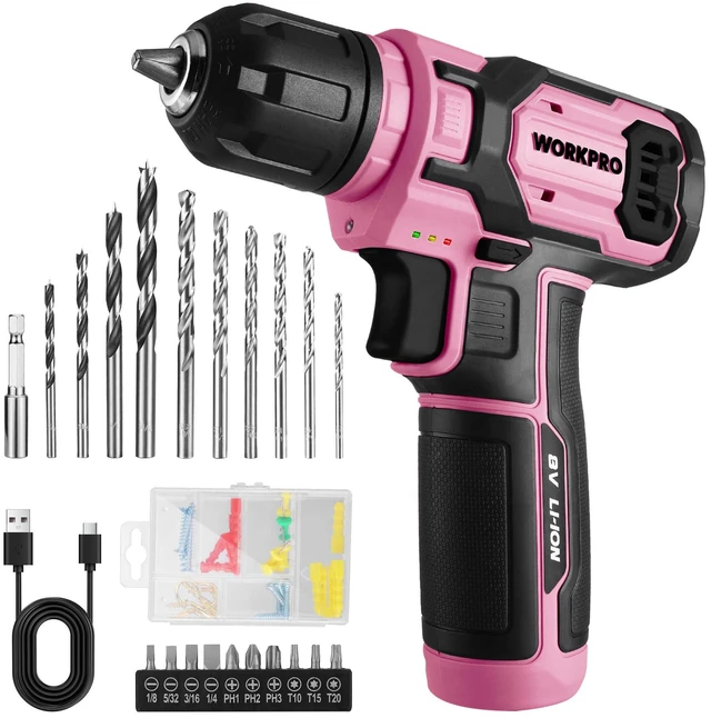Main image of 8V Pink Cordless Drill Set for Women with Drill Bit Set, 54PCS | Electric Power Drill, 3/8" Keyless Chuck, 2.0Ah Battery, Variable Speed, Portable for DIY