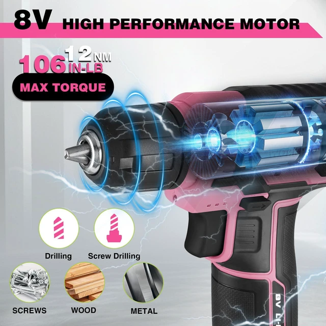 Alt view image 5 of 7 - 8V Pink Cordless Drill Set for Women with Drill Bit Set, 54PCS | Electric Power Drill, 3/8" Keyless Chuck, 2.0Ah Battery, Variable Speed, Portable for DIY