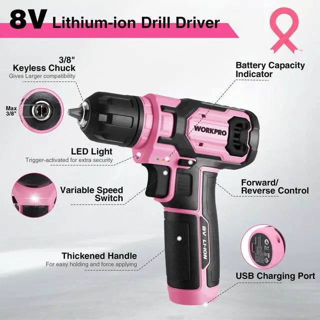 Alt view image 5 of 7 - Pink Power Drill Bit Set for Women, 8V Electric Drill Driver Set
