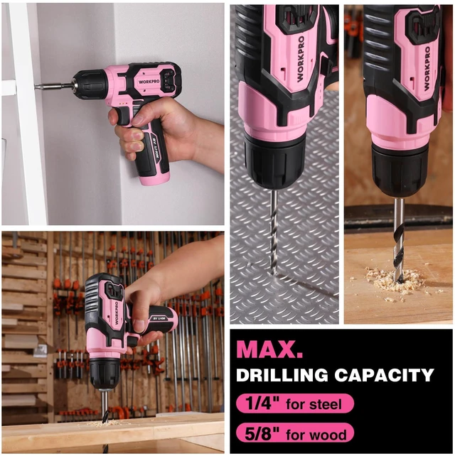 Alt view image 7 of 7 - 8V Pink Cordless Drill Set for Women with Drill Bit Set, 54PCS | Electric Power Drill, 3/8" Keyless Chuck, 2.0Ah Battery, Variable Speed, Portable for DIY
