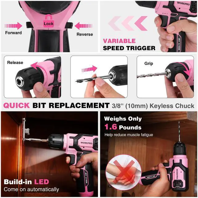 Alt view image 3 of 7 - Pink Power Drill Bit Set for Women, 8V Electric Drill Driver Set
