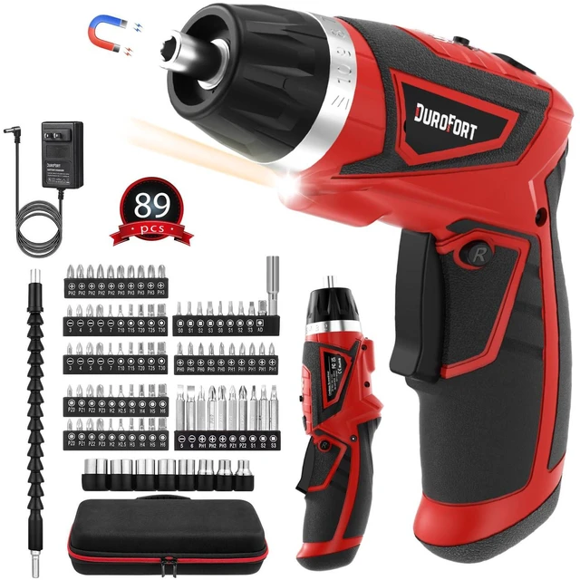 Main image of Cordless Electric Screwdriver Set, 8V 10Nm Rechargeable Power Electric Drill, Battery Screw Gun with Driver Bit, 320RPM/10+1 Torque, 2 Position Handle, Flexible Shaft LED Light (Red, 89Pcs)