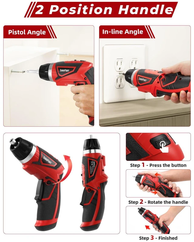 Alt view image 3 of 7 - Cordless Electric Screwdriver Set, 8V 10Nm Rechargeable Power Electric Drill, Battery Screw Gun with Driver Bit, 320RPM/10+1 Torque, 2 Position Handle, Flexible Shaft LED Light (Red, 89Pcs)