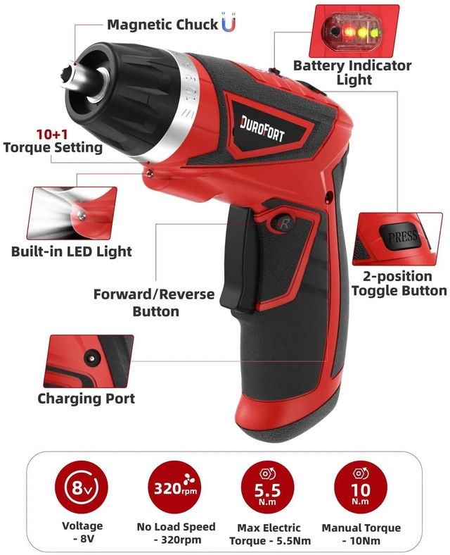 Alt view image 5 of 7 - Cordless Electric Screwdriver Set, 8V 10Nm Rechargeable Power Electric Drill, Battery Screw Gun with Driver Bit, 320RPM/10+1 Torque, 2 Position Handle, Flexible Shaft LED Light (Red, 89Pcs)