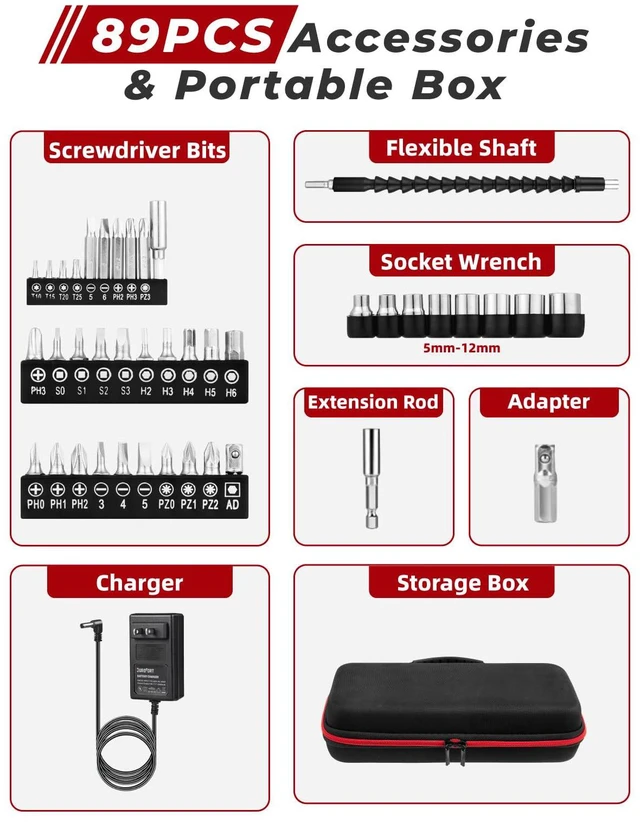 Alt view image 7 of 7 - Cordless Electric Screwdriver Set, 8V 10Nm Rechargeable Power Electric Drill, Battery Screw Gun with Driver Bit, 320RPM/10+1 Torque, 2 Position Handle, Flexible Shaft LED Light (Red, 89Pcs)