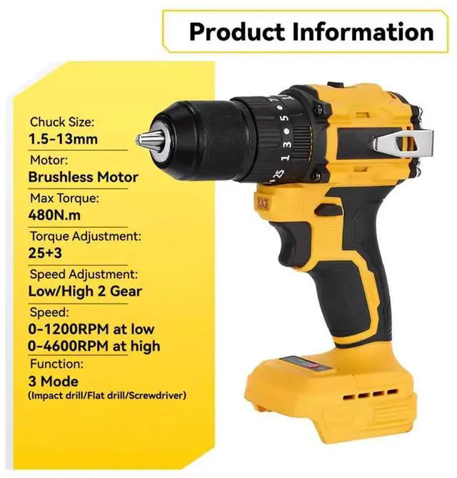 Alt view image 6 of 7 - Brushless Drill Driver Compatible for Dewalt 20V Battery (No Battery), Cordless 2 Speed (0-450/1800RPM), 25+1 Torque, 3/8" Keyless Chuck for Home Repair
