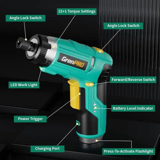 Alt view image 2 of 7 - 3.6V Cordless Electric Screwdriver, 2-Position Handle, 15+1 Torque 5Nm, LED Light, 44pcs Kit, Rechargeable Power Screwdriver Set for Home DIY Repair