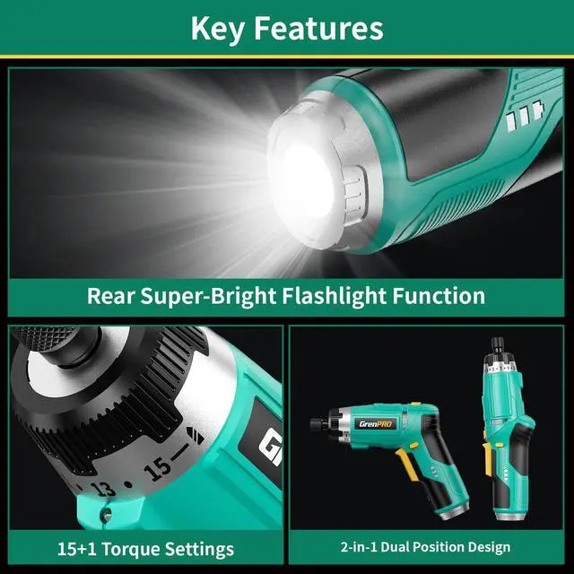 Alt view image 3 of 7 - 3.6V Cordless Electric Screwdriver, 2-Position Handle, 15+1 Torque 5Nm, LED Light, 44pcs Kit, Rechargeable Power Screwdriver Set for Home DIY Repair