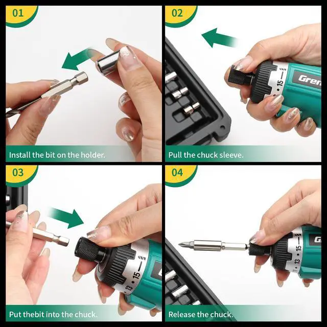 Alt view image 7 of 7 - 3.6V Cordless Electric Screwdriver, 2-Position Handle, 15+1 Torque 5Nm, LED Light, 44pcs Kit, Rechargeable Power Screwdriver Set for Home DIY Repair