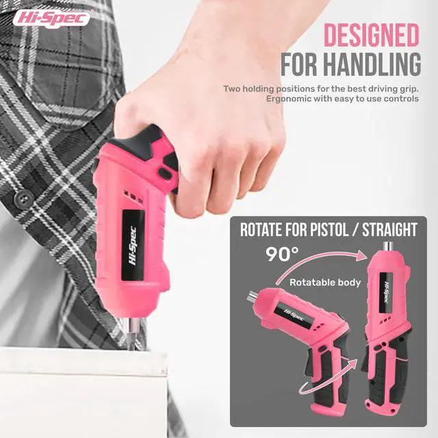 Alt view image 2 of 7 - 42pc Pink 4V USB Electric Power Driver & Household Tool Kit. Cordless Power Screwdriver and Hand Tools in a Compact Box Case