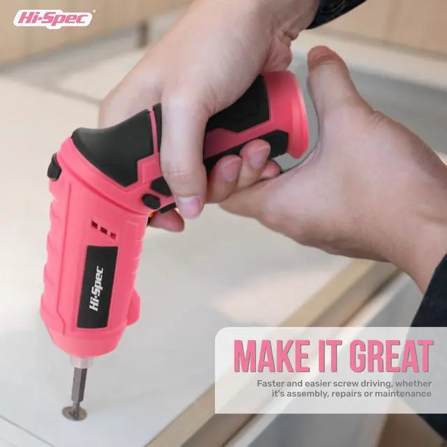 Alt view image 4 of 7 - 42pc Pink 4V USB Electric Power Driver & Household Tool Kit. Cordless Power Screwdriver and Hand Tools in a Compact Box Case